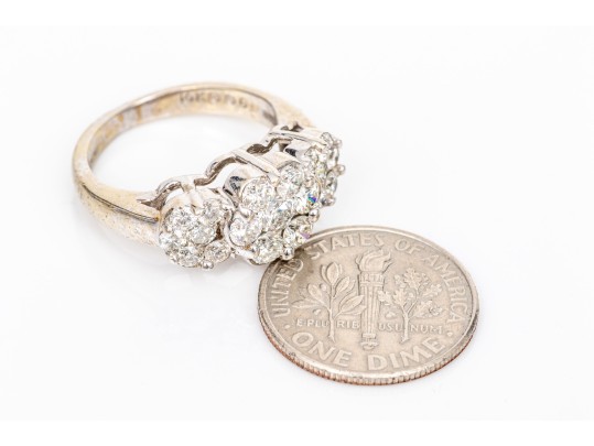 14k White Gold Beautiful Horizontal Diamond Cluster Ring, App. 0.74 TCW, Size 4.75