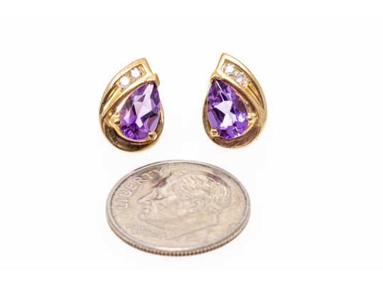 10k Yellow Gold Pear Amethyst And Diamond Set Earrings, App. 0.06 TCW