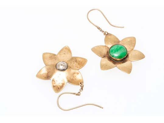9k Yellow Gold Fun Nephrite Jade Set Chunky Flower Motif Earrings