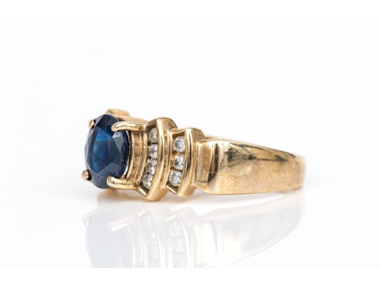 10k Yellow Gold Sapphire And Channel Diamond Set Ring, App. 0.14 TCW, Size 9