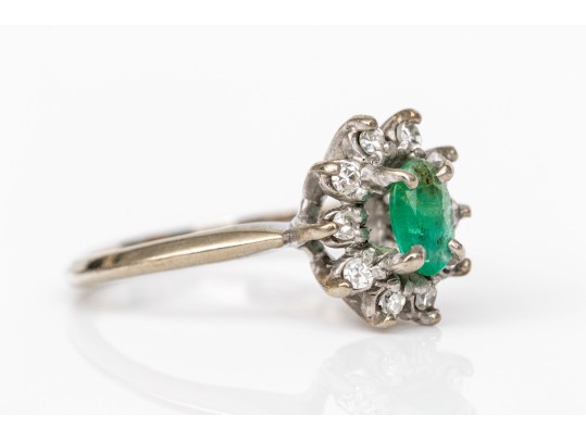 14k White Gold Emerald And Diamond Halo Ring, App. 0.10 TCW Size 3.25