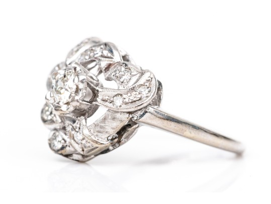 14k White Gold Vintage Diamond Cluster Ring, App. 0.41 TCW, Size 9.25