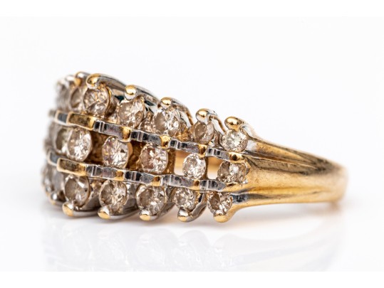 14k Yellow Gold Striking Three Row Diamond Dome Ring, App. 0.69 TCW, Size 5