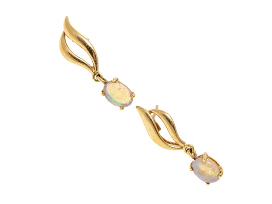 14k Yellow Gold Retro Swirl And White Opal Drop Pendant Earrings