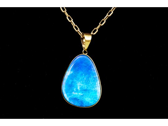 14k Yellow Gold Beautiful Freeform Blue Boulder Opal Doublet Pendant, With Chain