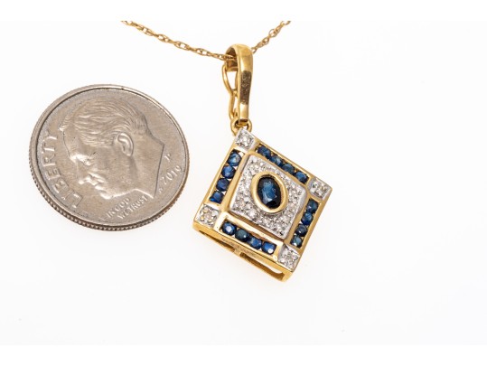 14k Yellow Gold Retro Sapphire And Diamond Set Pendant, With Chain