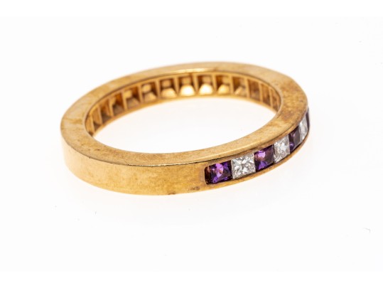 14k Yellow Gold Princess Cut Amethyst And Diamond Set Band Ring, App. 0.12 TCW, Size 6.75
