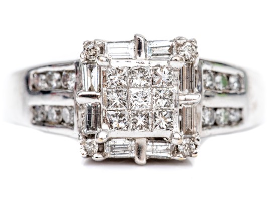 14k White Gold Ornate Cz Cluster Ring, Size 7