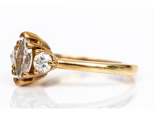 14k Yellow Gold Marquise And Round Diamond Three Stone Ring, App. 0.84 TCW, Size 6