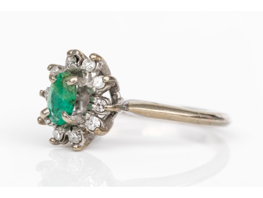14k White Gold Emerald And Diamond Halo Ring, App. 0.10 TCW Size 3.25