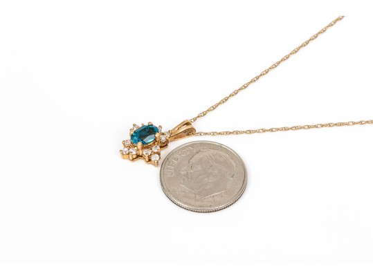 14k Yellow Gold Blue Topaz And Diamond Set Cluster Pendant With Gold Filled Chain, 0.12 TCW
