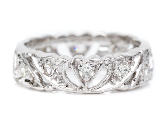 Platinum Vintage Heart Motif Diamond Set Eternity Band, App. 0.18 TCW, Size 5.5