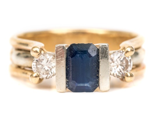 14k Yellow Gold Sapphire And Diamond Three Stone Ring, App. 0.42 TCW In Diamonds, Size 7
