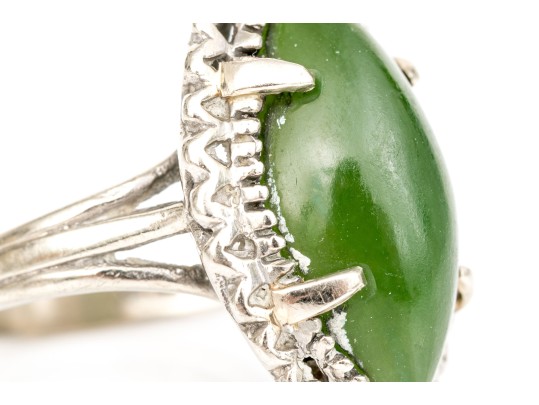 10k White Gold Marquise Cabachon Nephrite Jade Ring, Size 6