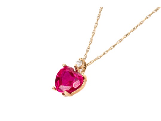 10k Yellow Gold Synthetic Ruby Heart And Cz Pendant, On A Gold Filled Chain
