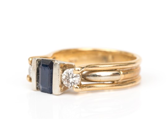 14k Yellow Gold Sapphire And Diamond Three Stone Ring, App. 0.42 TCW In Diamonds, Size 7