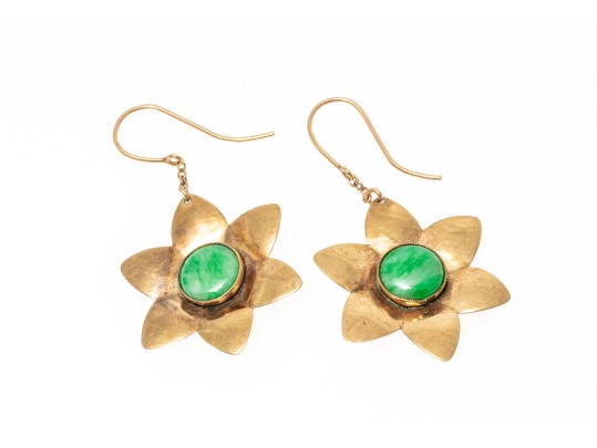 9k Yellow Gold Fun Nephrite Jade Set Chunky Flower Motif Earrings
