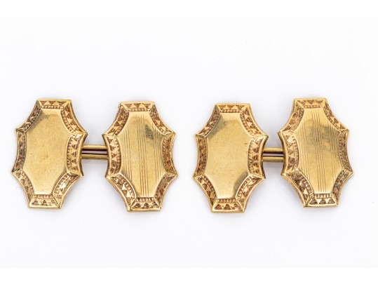 14k Yellow Gold Vintage Elongated Scalloped Edge Cufflinks, Loose Links Style