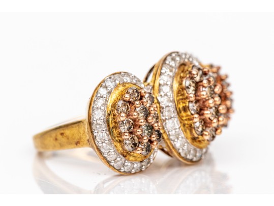 10k Yellow Gold Impactful Brown And White Diamond Cluster Dome Ring, App. 0.76 TCW, Size 6