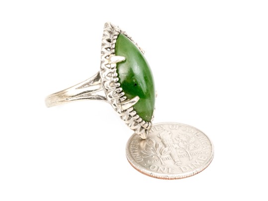 10k White Gold Marquise Cabachon Nephrite Jade Ring, Size 6