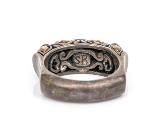 Sterling Silver And 18k Ornate Peridot Set Chunky Band Ring, Size 6.75
