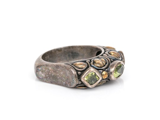 Sterling Silver And 18k Ornate Peridot Set Chunky Band Ring, Size 6.75