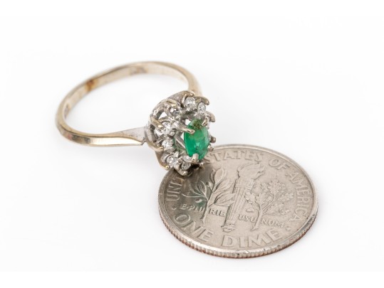 14k White Gold Emerald And Diamond Halo Ring, App. 0.10 TCW Size 3.25