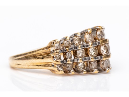 14k Yellow Gold Striking Three Row Diamond Dome Ring, App. 0.69 TCW, Size 5