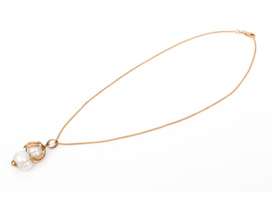14k Yellow Gold Striking Stacked Baroque Cultured Pearl And Foliate Pendant, With Chain