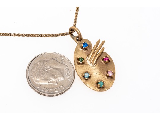 14k Yellow Gold Vintage Palette And Brush Pendant, With Chain