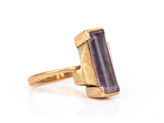 14k Yellow Gold Vintage Emerald Cut Synthetic Purple Spinel Ring, Size 3.75