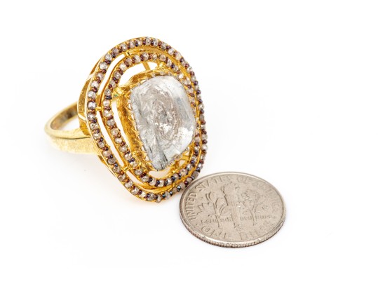 Sterling Silver Vermeil Fabulous Chunky Macle Cut Diamond Halo Ring , Size 8.25