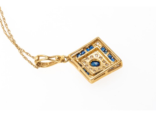 14k Yellow Gold Retro Sapphire And Diamond Set Pendant, With Chain