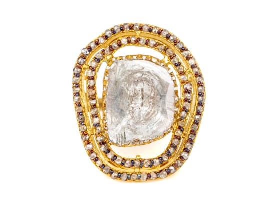 Sterling Silver Vermeil Fabulous Chunky Macle Cut Diamond Halo Ring , Size 8.25