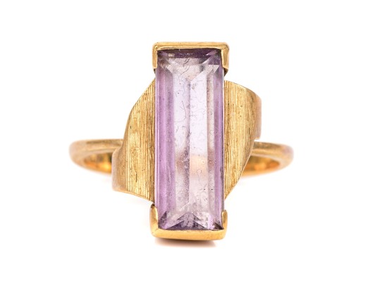 14k Yellow Gold Vintage Emerald Cut Synthetic Purple Spinel Ring, Size 3.75