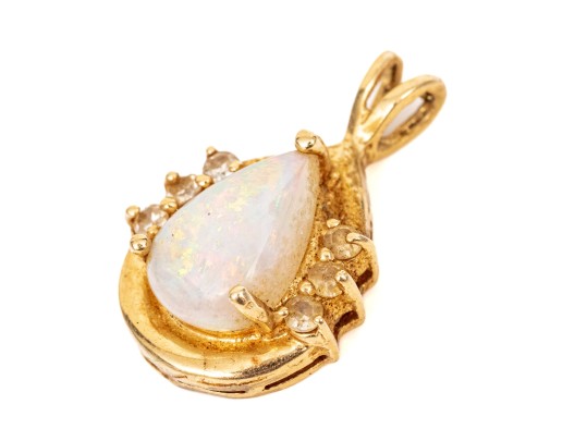 14k Yellow Gold Retro Style White Sapphire And White Opal Set Pendant