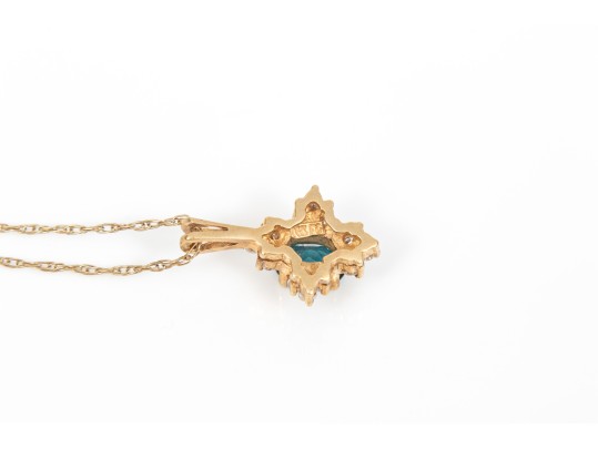14k Yellow Gold Blue Topaz And Diamond Set Cluster Pendant With Gold Filled Chain, 0.12 TCW