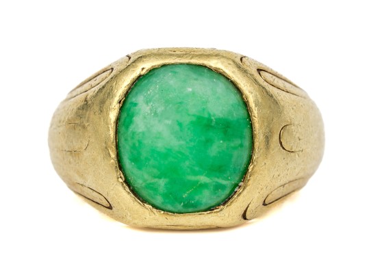 14k Yellow Gold Vintage Green Nephrite Jade Ring , Size 2.75
