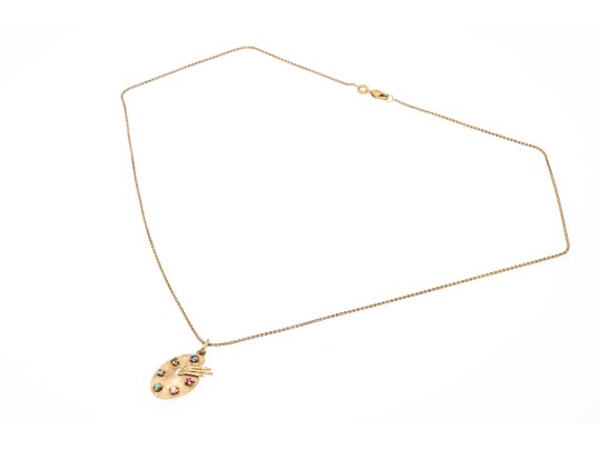 14k Yellow Gold Vintage Palette And Brush Pendant, With Chain