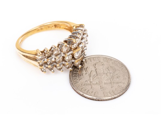 14k Yellow Gold Striking Three Row Diamond Dome Ring, App. 0.69 TCW, Size 5
