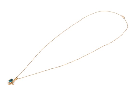 14k Yellow Gold Blue Topaz And Diamond Set Cluster Pendant With Gold Filled Chain, 0.12 TCW