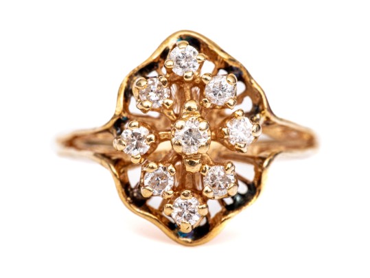 14k Yellow Gold Lovely Vintage Elongated Diamond Cluster Ring, App. 0.18 TCW, Size 5.5