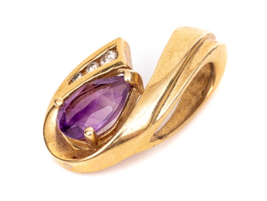 14k Yellow Gold Contemporary Pear Amethyst And Channel Diamond Swirl Pendant
