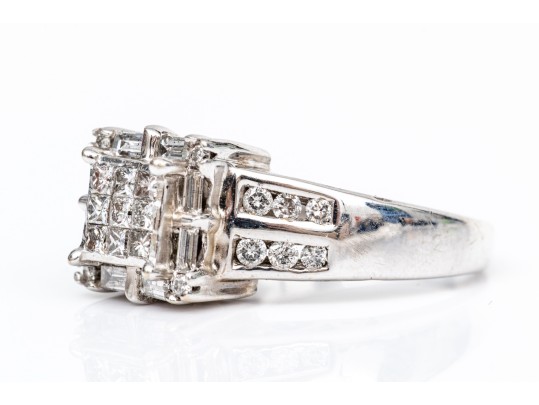 14k White Gold Ornate Cz Cluster Ring, Size 7