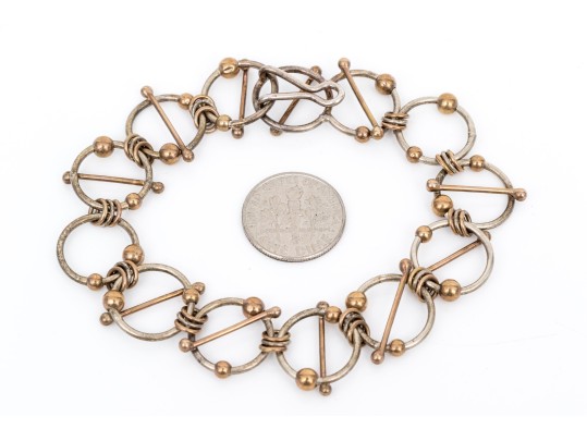 Sterling Silver And 14k Yellow Gold Fun Contemporary Open Circle Motif Bracelet