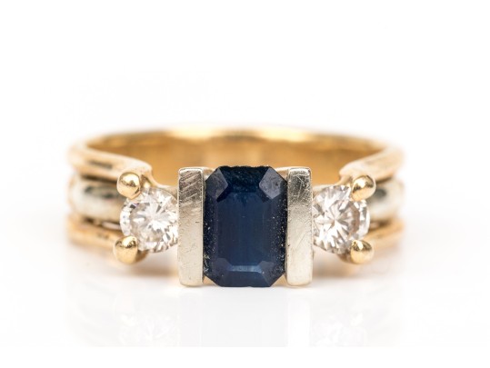 14k Yellow Gold Sapphire And Diamond Three Stone Ring, App. 0.42 TCW In Diamonds, Size 7