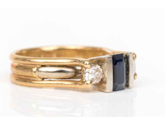 14k Yellow Gold Sapphire And Diamond Three Stone Ring, App. 0.42 TCW In Diamonds, Size 7