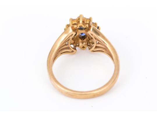 14k Yellow Gold Vintage Sapphire And Diamond Cluster Ring, App. 0.20 TCW, Size 7