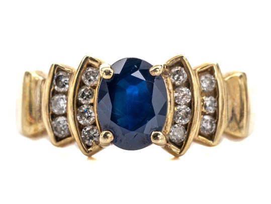 10k Yellow Gold Sapphire And Channel Diamond Set Ring, App. 0.14 TCW, Size 9