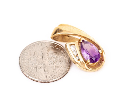 14k Yellow Gold Contemporary Pear Amethyst And Channel Diamond Swirl Pendant